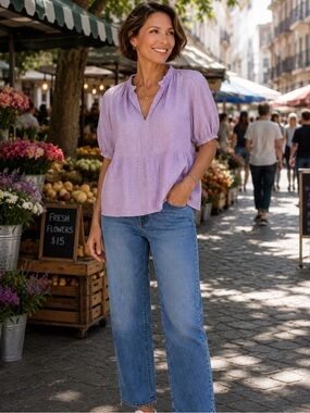 Kyra Purple Striped Linen Top in S
